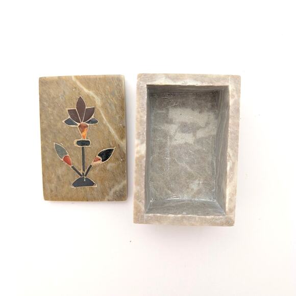 Vtg Beige Soapstone Marble Lidded Trinket Box Floral Inlay Rectangle India - Picture 6 of 16